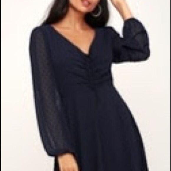 Lulu’s Navy Blue Swiss Dot Long sleeve  Dress - Picture 2 of 6